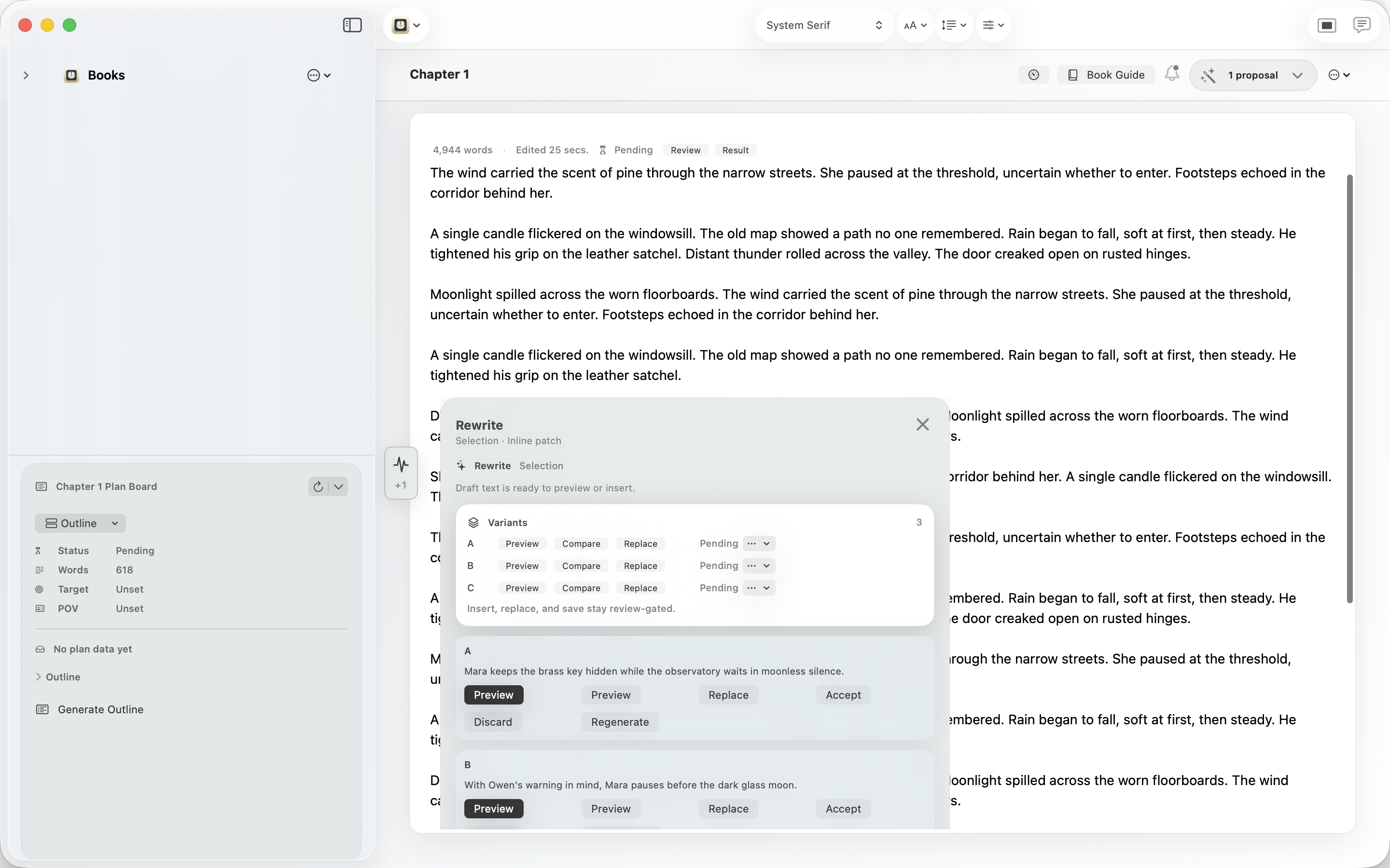 WolfeWriter review and planning screenshot.