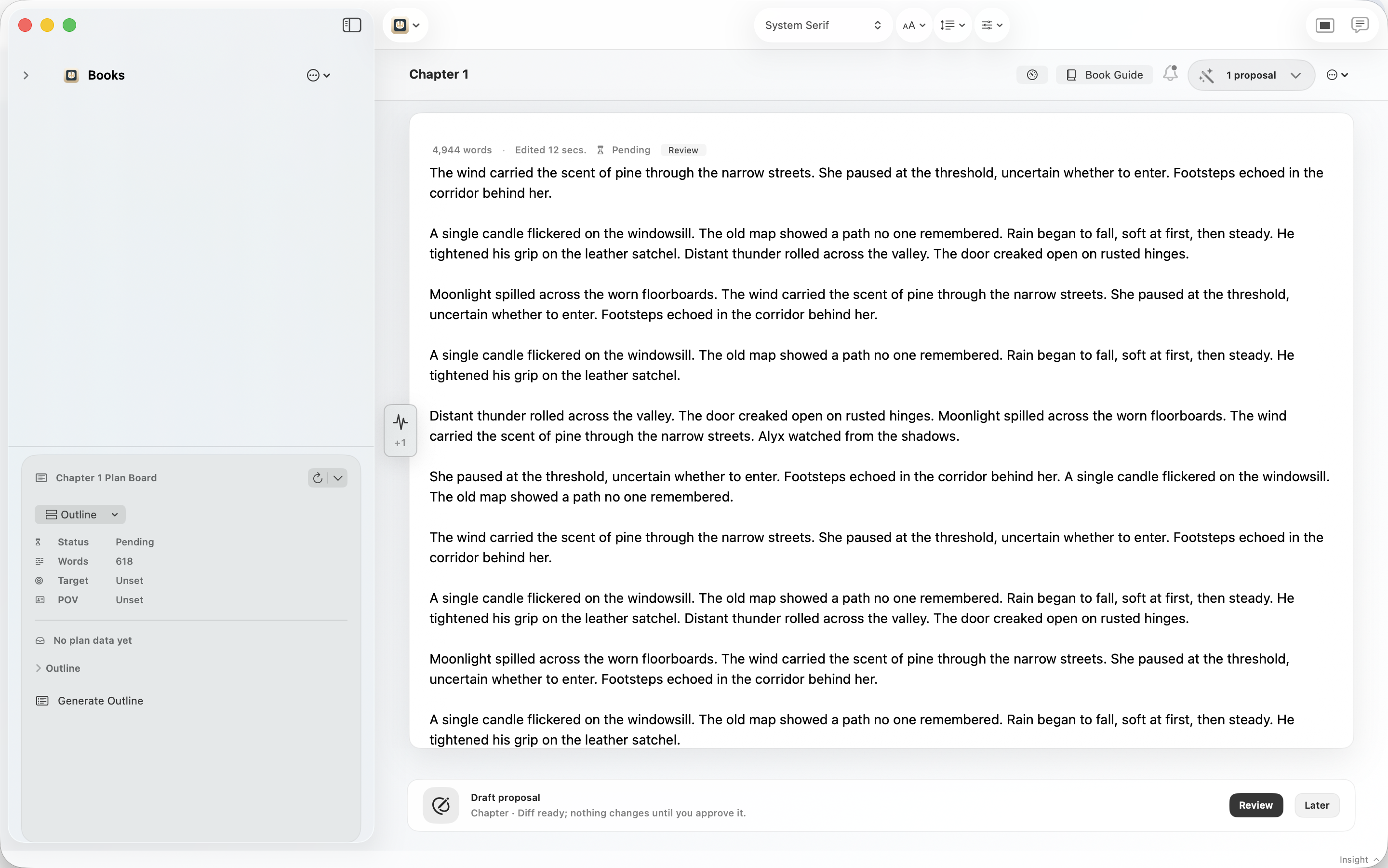 WolfeWriter writing workspace screenshot.